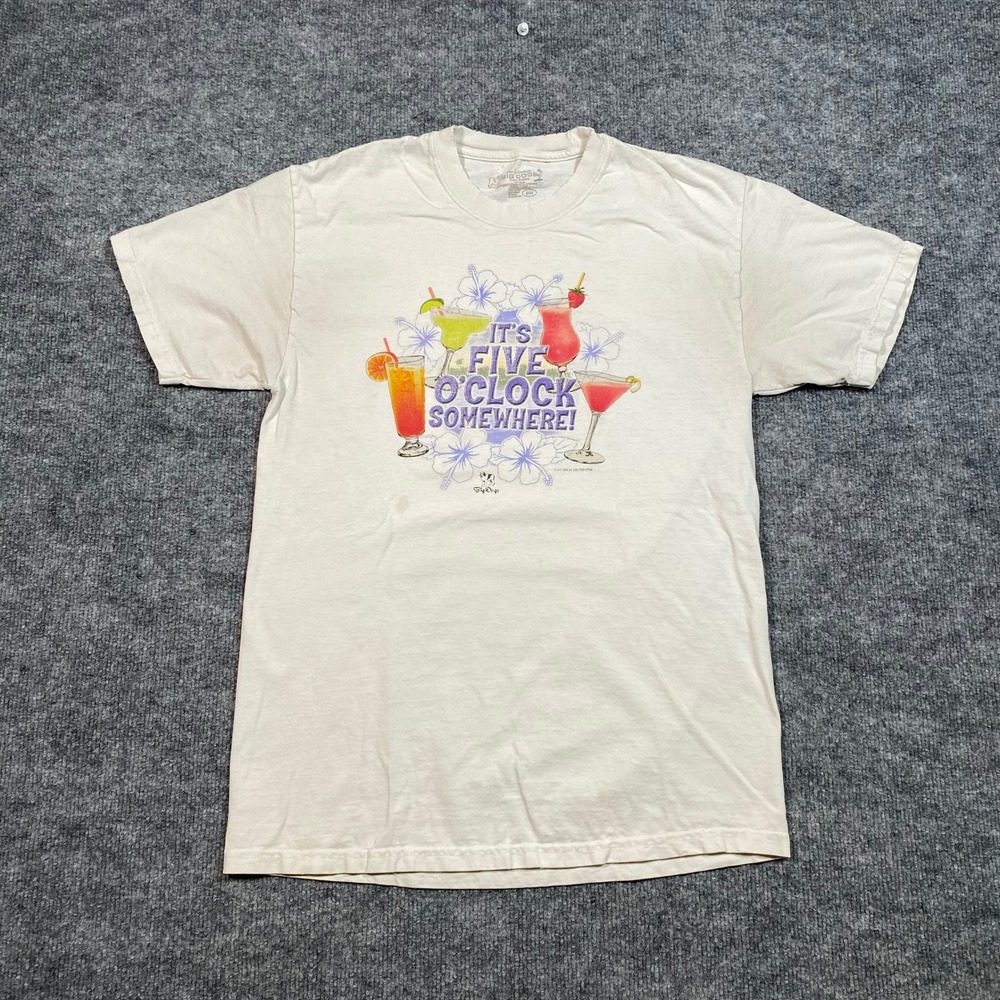 Big Dogs Mens Five O'Clock Somewhere Graphic T-Shirt Cream Size S/M Distressed